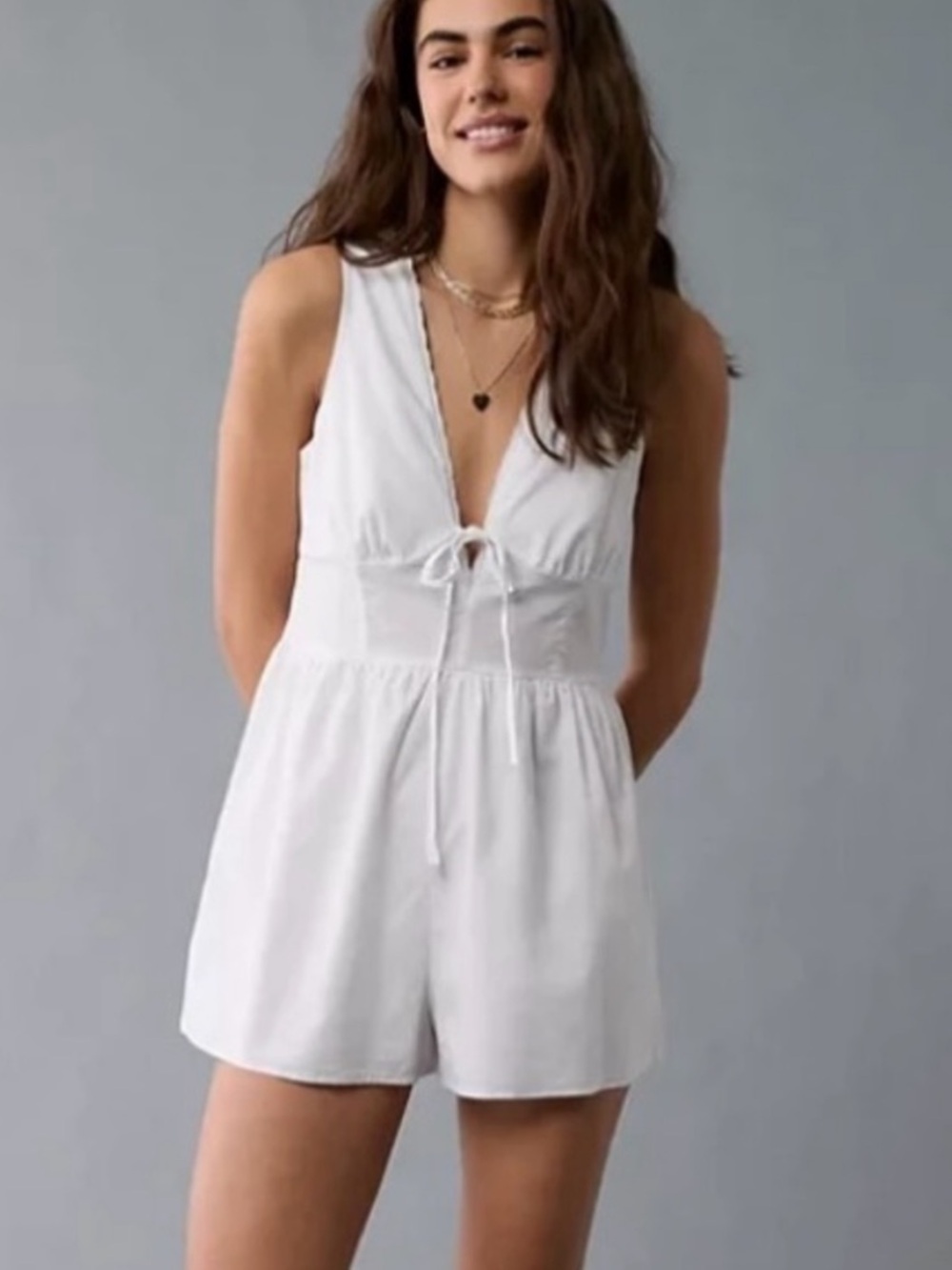 American Eagle Outfitters White Tie-Front V-Neck Romper